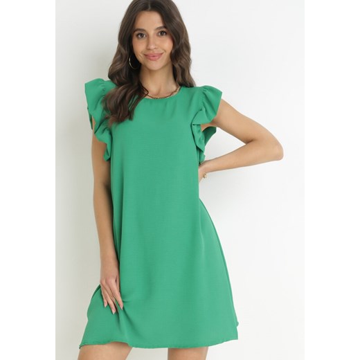 Zielona Pudełkowa Sukienka Mini z Falbankami przy Ramionach Alizea ze sklepu Born2be Odzież w kategorii Sukienki - zdjęcie 157297695