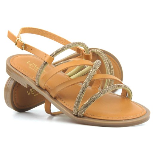 Sandały damskie z błyszczącymi paskami - VENEZIA 1660, brązowe ze sklepu ulubioneobuwie w kategorii Sandały damskie - zdjęcie 157444309