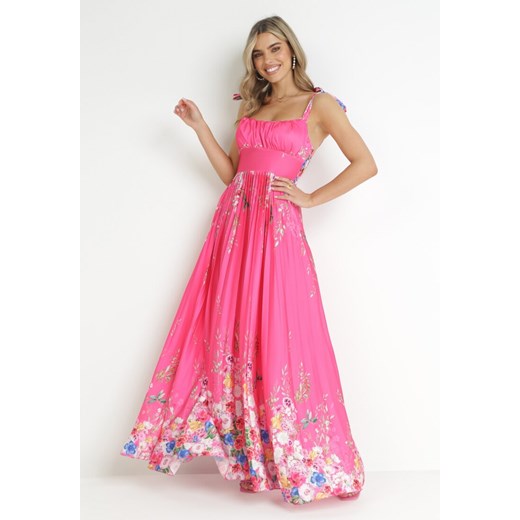 Fuksjowa Sukienka Maxi na Ramiączkach z Cienkimi Gumkami i Plisowanym Dołem Sidona ze sklepu Born2be Odzież w kategorii Sukienki - zdjęcie 157472759