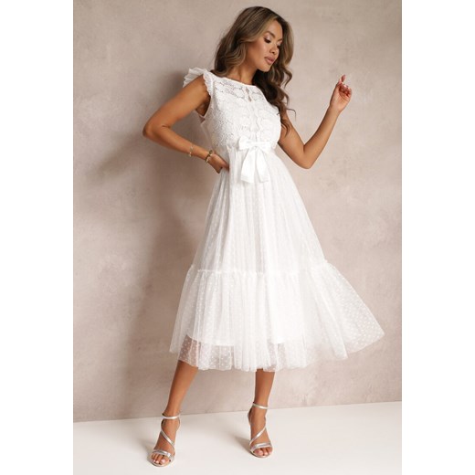 Biała Taliowana Sukienka z Tiulową Spódnicą i Górą z Koronki Darela ze sklepu Renee odzież w kategorii Sukienki - zdjęcie 157473219