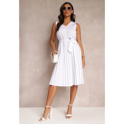 Biała Sukienka Midi z Plisowanej Tkaniny z Materiałowym Paskiem Eudoxia ze sklepu Renee odzież w kategorii Sukienki - zdjęcie 157473355