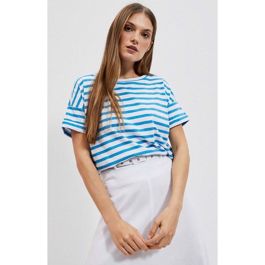 Bawełniana damska bluzka w paski z obniżonym ramieniem 4085, Kolor niebiesko-biały, Rozmiar XS, Moodo ze sklepu Primodo w kategorii Bluzki damskie - zdjęcie 157483088