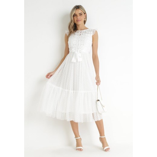 Biała Koktajlowa Sukienka z Koronkową Górą i Tiulowym Dołem Sleda ze sklepu Born2be Odzież w kategorii Sukienki - zdjęcie 157488438