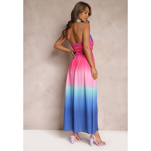 Niebieska Sukienka Maxi z Dekoltem Halter i Efektem Ombre Magdalla Renee S okazja Renee odzież