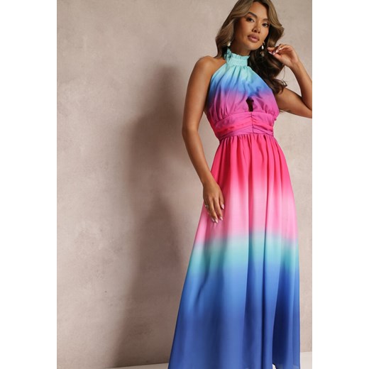 Niebieska Sukienka Maxi z Dekoltem Halter i Efektem Ombre Magdalla Renee M wyprzedaż Renee odzież