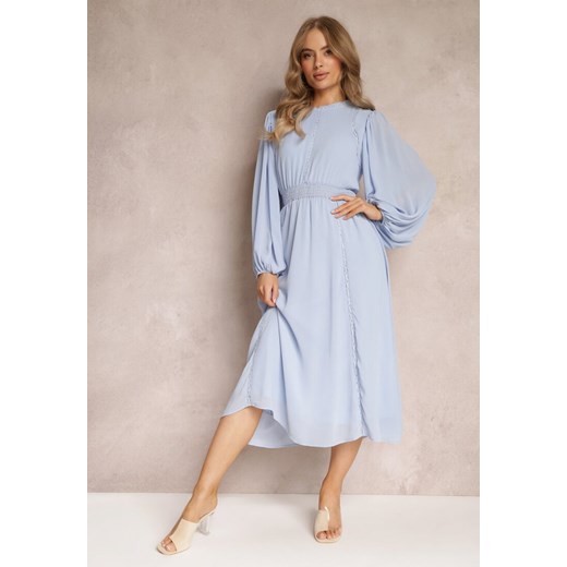 Niebieska Rozkloszowana Sukienka Midi z Gumkami w Talii i Koronką Ottillda ze sklepu Renee odzież w kategorii Sukienki - zdjęcie 157489149