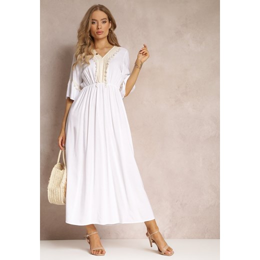 Biała Sukienka Maxi z Gumką w Talii z Ozdobnymi Chwostami z Wiskozy Zisel Renee S okazyjna cena Renee odzież