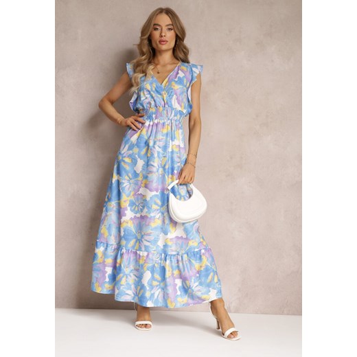 Niebieska Rozkloszowana Sukienka w Kwiaty z Gumką w Pasie Viente ze sklepu Renee odzież w kategorii Sukienki - zdjęcie 157489275