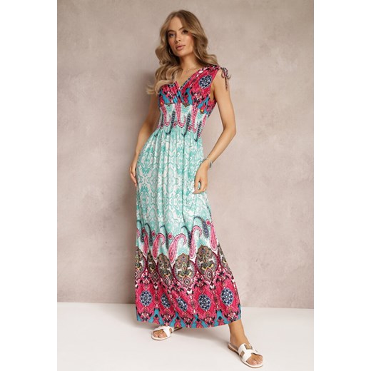 Miętowo-Fuksjowa Sukienka Maxi w Stylu Boho z Gumką w Pasie Bernette ze sklepu Renee odzież w kategorii Sukienki - zdjęcie 157489349