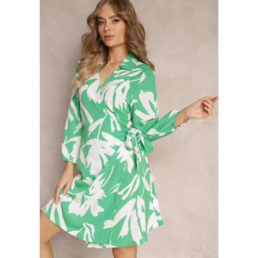 Zielona Kopertowa Sukienka w Kwiaty z Wiązaniem Madeleina Renee L okazja Renee odzież