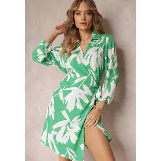 Zielona Kopertowa Sukienka w Kwiaty z Wiązaniem Madeleina ze sklepu Renee odzież w kategorii Sukienki - zdjęcie 157494038