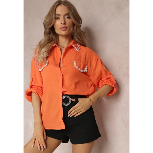 Pomarańczowa Koszula z Perełkami przy Kołnierzu i Kieszeniach Dieudonne ze sklepu Renee odzież w kategorii Koszule damskie - zdjęcie 157494068