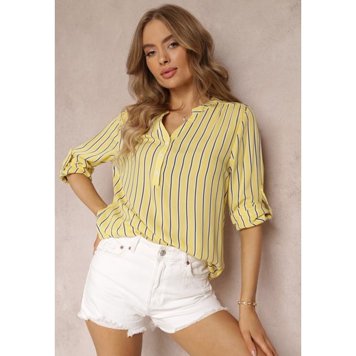 Żółta Koszula z Wiskozy w Paski i Trójkątnym Dekoltem Serenta ze sklepu Renee odzież w kategorii Koszule damskie - zdjęcie 157494188