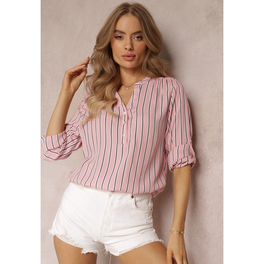 Różowa Koszula z Wiskozy w Paski i Trójkątnym Dekoltem Serenta ze sklepu Renee odzież w kategorii Koszule damskie - zdjęcie 157494198