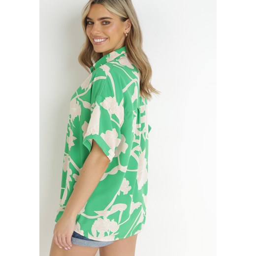Zielona Bluzka z Krótkimi Rękawami w Kwiaty Selenes XL okazyjna cena Born2be Odzież