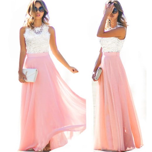 Sukienka maxi z różowym dołem oraz koronkową górą Estera XS/34 E-Shop
