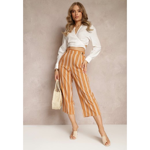 Pomarańczowe Szerokie Spodnie z Gumką w Pasie i Printem w Paski Jamiena ze sklepu Renee odzież w kategorii Spodnie damskie - zdjęcie 157514687