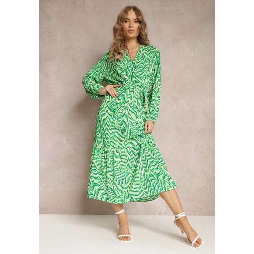 Zielona Sukienka Kopertowa z Wiązanym Paskiem i Fantazyjnym Printem Nevilia ze sklepu Renee odzież w kategorii Sukienki - zdjęcie 157514727