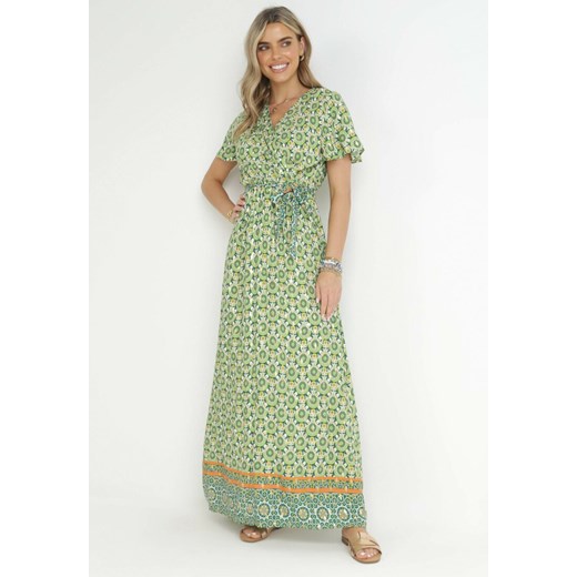 Zielona Sukienka z Wiskozy w Etno Wzór z Gumką i Paskiem w Talii Lucassa ze sklepu Born2be Odzież w kategorii Sukienki - zdjęcie 157515416