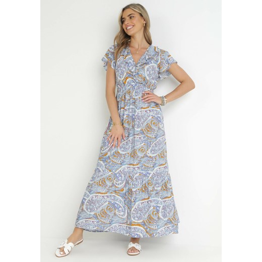 Niebieska Sukienka z Wiskozy w Etno Wzór z Gumką w Talii Munira ze sklepu Born2be Odzież w kategorii Sukienki - zdjęcie 157515426