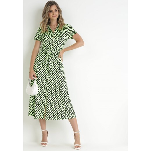 Zielona Koszulowa Sukienka Midi z Rozkloszowanym Dołem i Materiałowym Paskiem Summita ze sklepu Born2be Odzież w kategorii Sukienki - zdjęcie 157515517