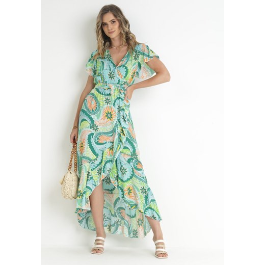 Zielona Bawełniana Sukienka Maxi z Kopertowym Dekoltem i Materiałowym Paskiem Nadalynn ze sklepu Born2be Odzież w kategorii Sukienki - zdjęcie 157523505