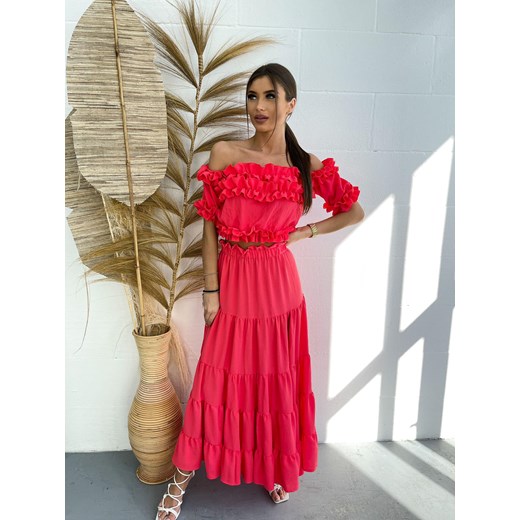 dwuczęściowy komplet letni sukienka hiszpanka flamenco - spódnica maxi + top by mielczarkowski polski produkt -  koralowa ze sklepu STYLOWO w kategorii Komplety i garnitury damskie - zdjęcie 157529876