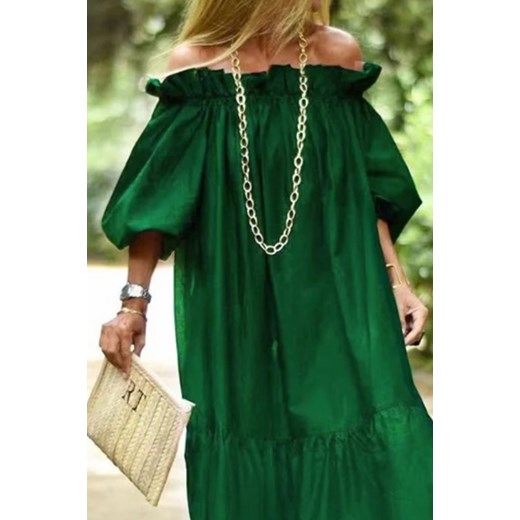Sukienka IVET maxi zielona z dekoltem typu hiszpanka 