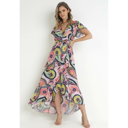 Różowo-Fioletowa Bawełniana Sukienka Maxi z Kopertowym Dekoltem i Materiałowym Paskiem Nadalynn ze sklepu Born2be Odzież w kategorii Sukienki - zdjęcie 157540986