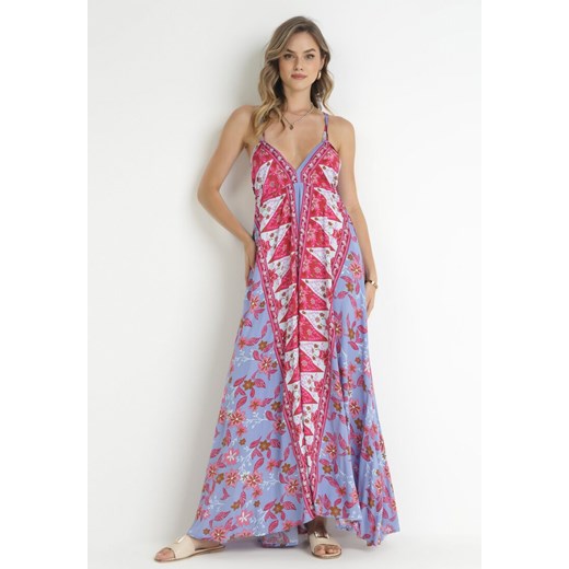 Niebiesko-Fuksjowa Rozkloszowana Sukienka Maxi z Wiązaniem na Szyi z Wiskozy Apollina ze sklepu Born2be Odzież w kategorii Sukienki - zdjęcie 157551419