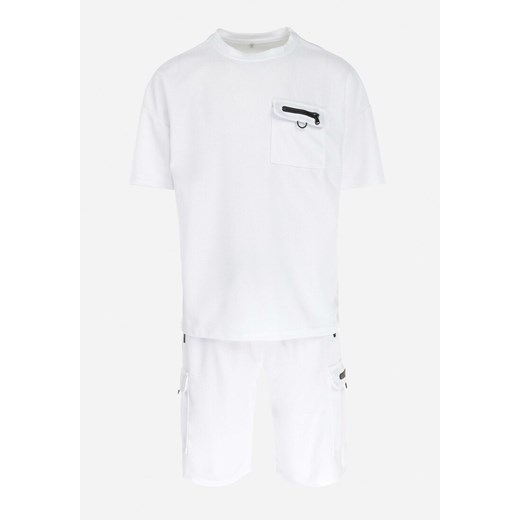 Biały 2-częściowy Komplet Dresowy T-shirt z Kieszenią i Szorty z Gumką w Pasie M wyprzedaż Born2be Odzież