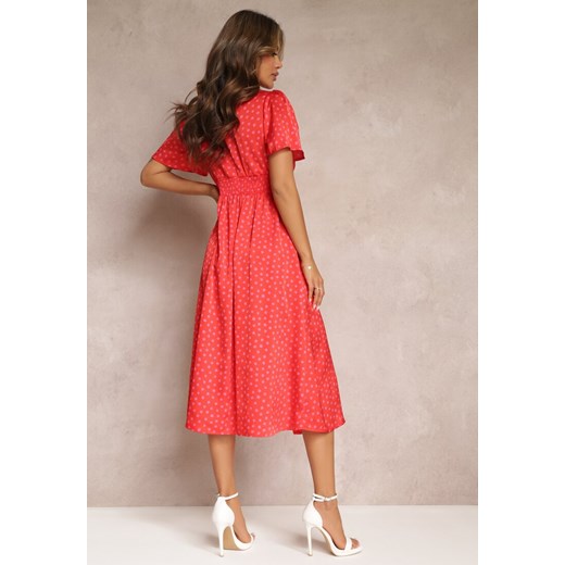 Czerwona Taliowana Sukienka Midi z Gumką w Talii w Kropki Glennta Renee S okazja Renee odzież