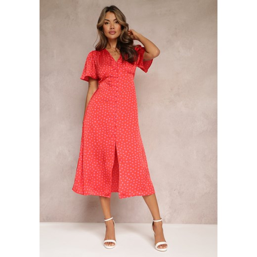 Czerwona Taliowana Sukienka Midi z Gumką w Talii w Kropki Glennta ze sklepu Renee odzież w kategorii Sukienki - zdjęcie 157593019