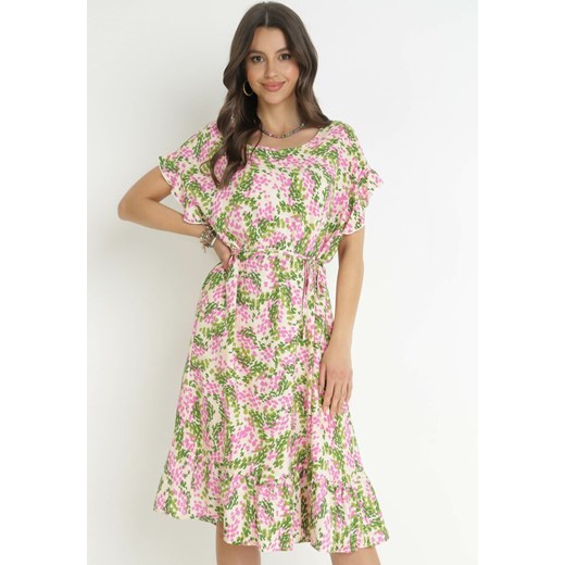 Różowo-Zielona Bawełniana Sukienka w Kwiaty z Falbanką Przy Ramionach Charlota ze sklepu Born2be Odzież w kategorii Sukienki - zdjęcie 157593408