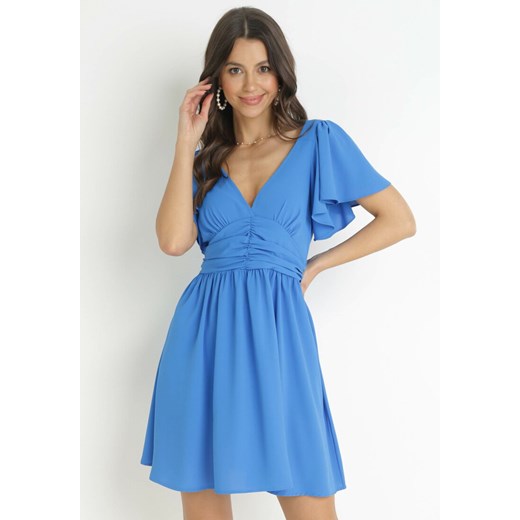 Niebieska Sukienka Mini z Marszczeniem w Pasie i Ozdobnymi Rękawami Keiretta L Born2be Odzież