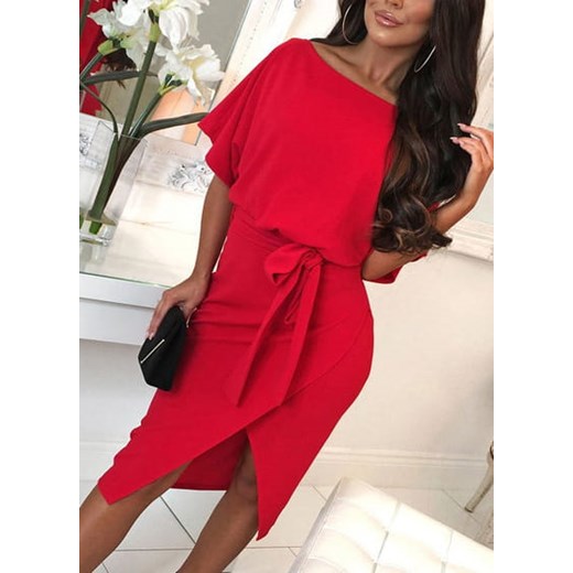 Czerwona  sukienka z paskiem, stylowy fason Estera L/40 E-Shop