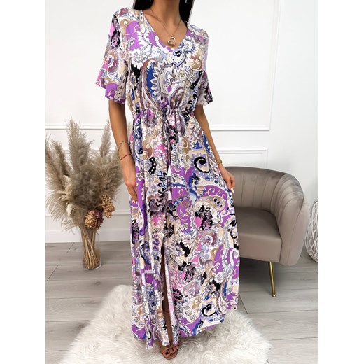 Sukienka Maxi z Fioletowym Wzorem Modnakiecka.pl M/L ModnaKiecka.pl