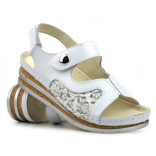Wygodne sandały damskie skórzane - Helios Komfort 120, srebrne ze sklepu ulubioneobuwie w kategorii Sandały damskie - zdjęcie 157615325
