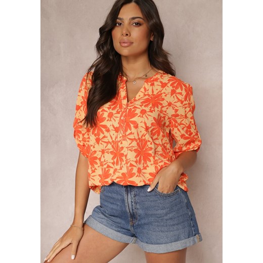 Pomarańczowa Bluzka w Kwiaty z Długim Rękawem Lnise ze sklepu Renee odzież w kategorii Bluzki damskie - zdjęcie 157630548