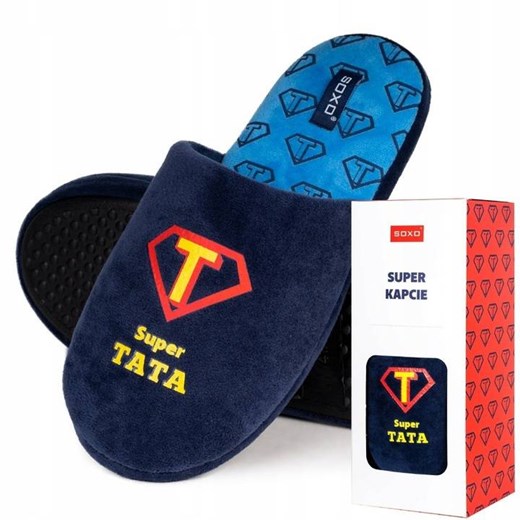 Kapcie Męskie dla Taty SOXO z napisem "Super Tata" w pudełku | prezent na Dzień Ojca ze sklepu Sklep SOXO w kategorii Kapcie męskie - zdjęcie 157633925