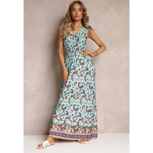 Niebieska Sukienka Maxi we Wzór Pailsey z Rozkloszowanym Dołem i Gumką w Talii Kinslei ze sklepu Renee odzież w kategorii Sukienki - zdjęcie 157645676