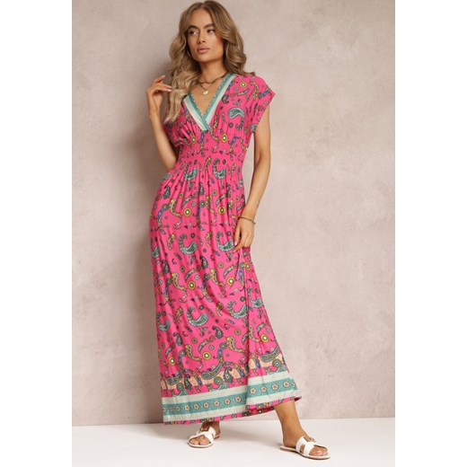 Różowa Rozkloszowana Sukienka Maxi z Printem Paisley z Gumką w Pasie Zoenia ze sklepu Renee odzież w kategorii Sukienki - zdjęcie 157645696