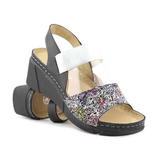 Skórzane sandały damskie na koturnie - HELIOS Komfort 118, czarne ze sklepu ulubioneobuwie w kategorii Sandały damskie - zdjęcie 158038419