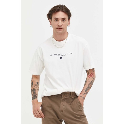 Abercrombie &amp; Fitch t-shirt bawełniany kolor beżowy z nadrukiem Abercrombie & Fitch XL ANSWEAR.com