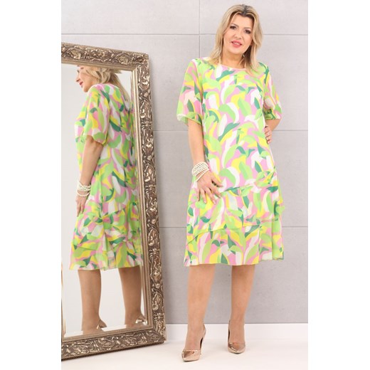 Zwiewna sukienka z falbankami wzory żółta - 48 Femimoda 46 femimoda.pl