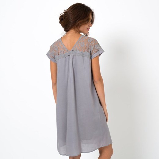 Luźna sukienka, z lejącego materiału, z koronką la-redoute-pl szary długie