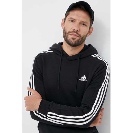 adidas bluza Essentials męska kolor czarny z kapturem z aplikacją  IB4028 ze sklepu ANSWEAR.com w kategorii Bluzy męskie - zdjęcie 158457045