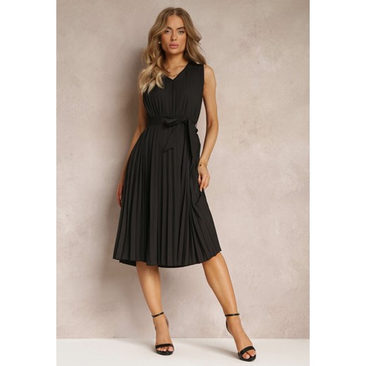 Czarna Sukienka Midi z Plisowanej Tkaniny z Materiałowym Paskiem Eudoxia ze sklepu Renee odzież w kategorii Sukienki - zdjęcie 158457889