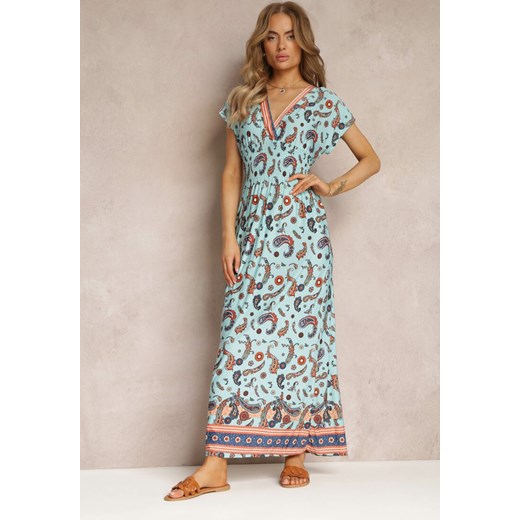 Jasnoniebieska Rozkloszowana Sukienka Maxi z Printem Paisley z Gumką w Pasie Zoenia ze sklepu Renee odzież w kategorii Sukienki - zdjęcie 158457929