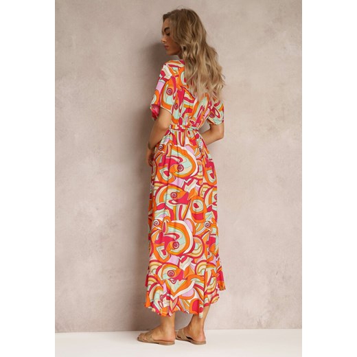 Pomarańczowa Wzorzysta Sukienka Midi z Gumką w Talii z Wiskozy Angelett Renee L Renee odzież promocyjna cena